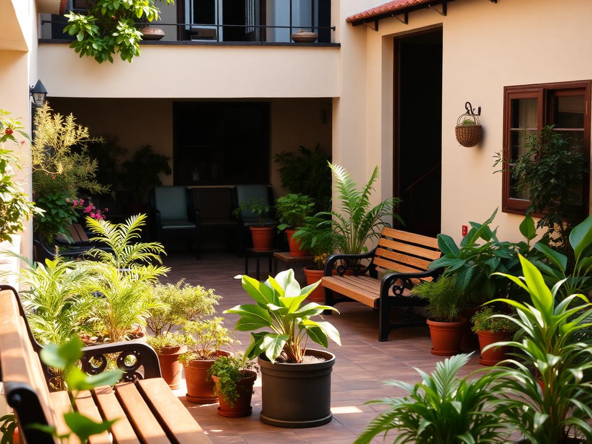 Jardim interno com plantas e bancos