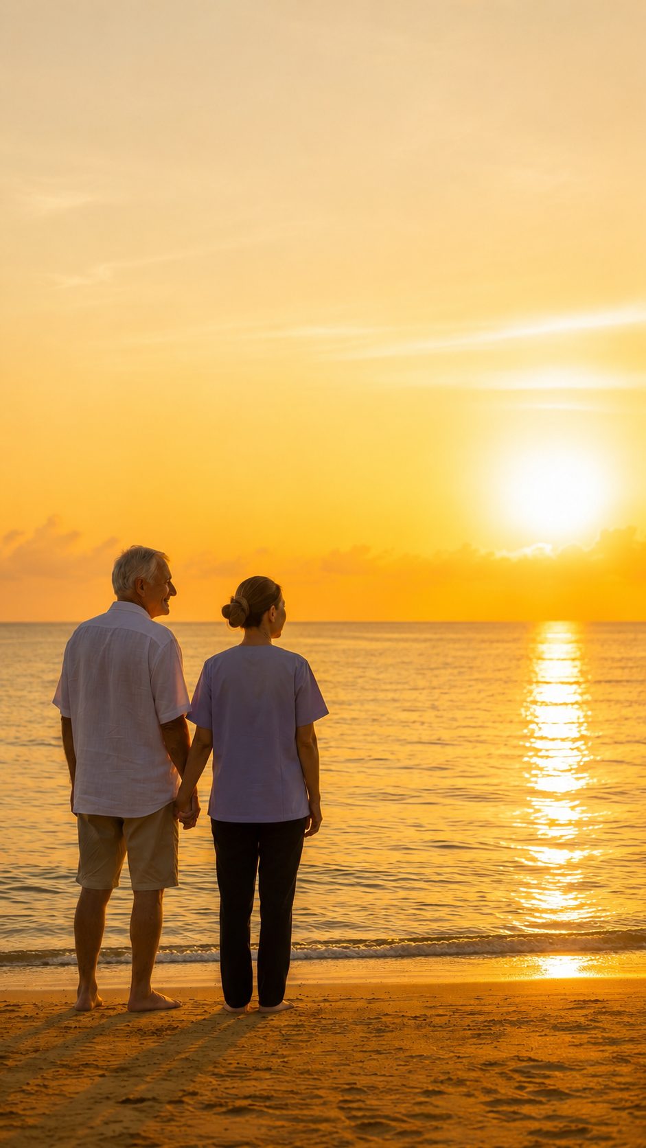 Casal de idosos ao pôr do sol, simbolizando um novo amanhecer de cuidado